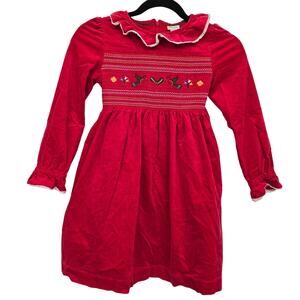 Mini Boden Red Holiday Girls Velvet Smocked 7/8Y Embroidered Reindeer whimsical